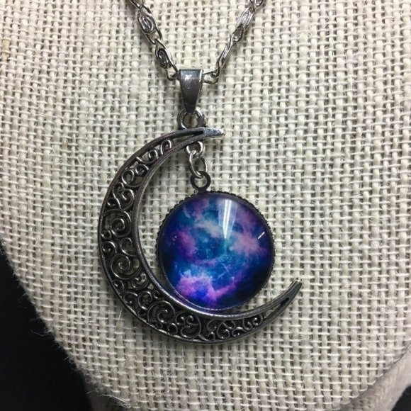 Luvalti Silver Pendant Necklace Crescent Moon Blue Purple Galaxy Retro BoHo - Picture 2 of 6